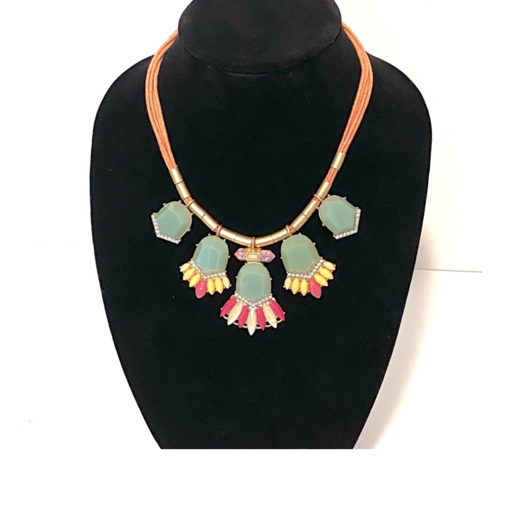 J.CREW VTG Statement Orange Rope Green Pink Peach Stone Necklace Gold Tone Metal